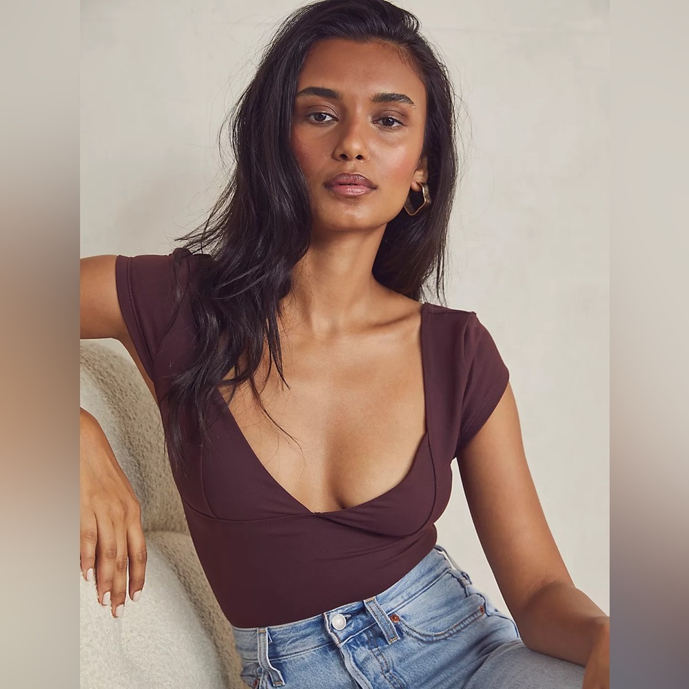 Free People Duo Corset Cami Cap Sleeve Blouse V Neck Brown Women's S